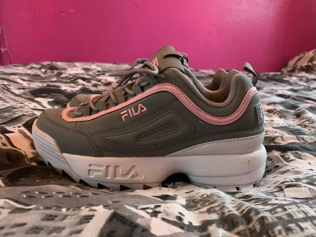 grey and pink fila trainers